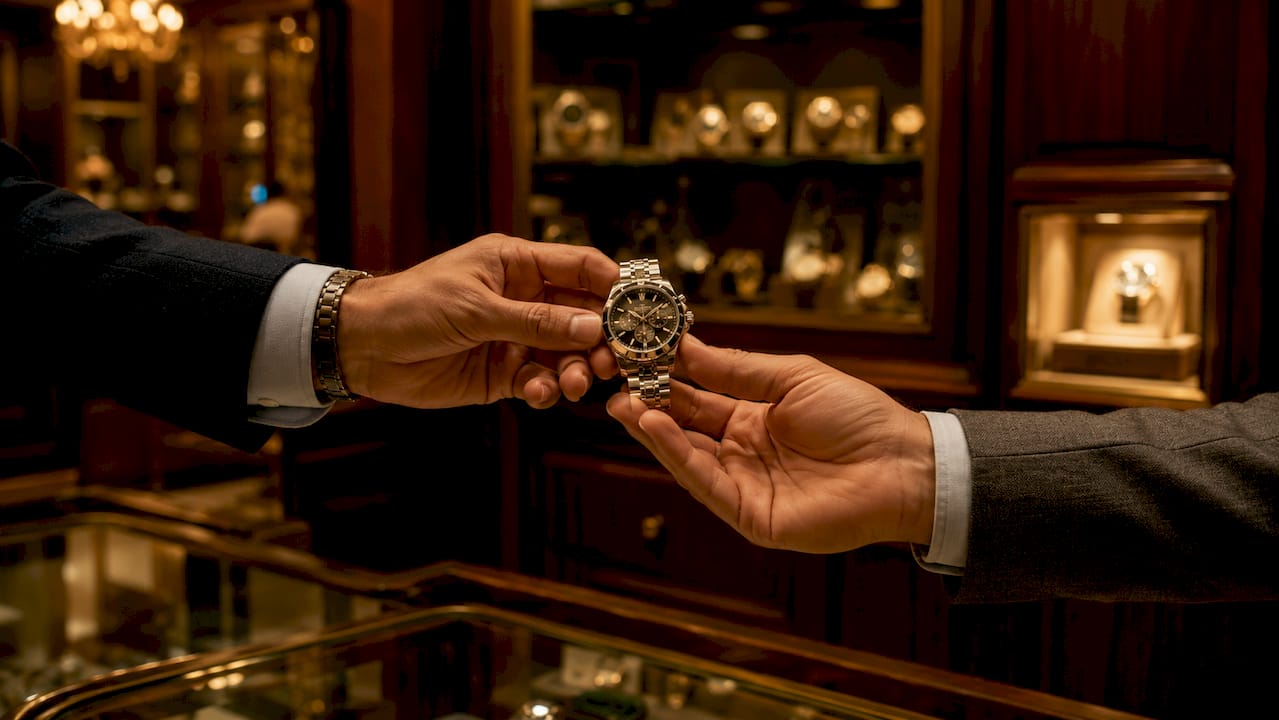 Hands exchanging luxury watch in boutique