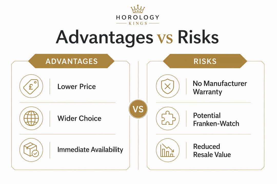 Infographic comparing advantages and risks of grey market watches
