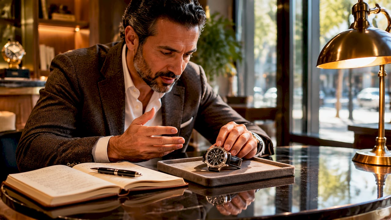 Man using tablet for watch sourcing in bright home office