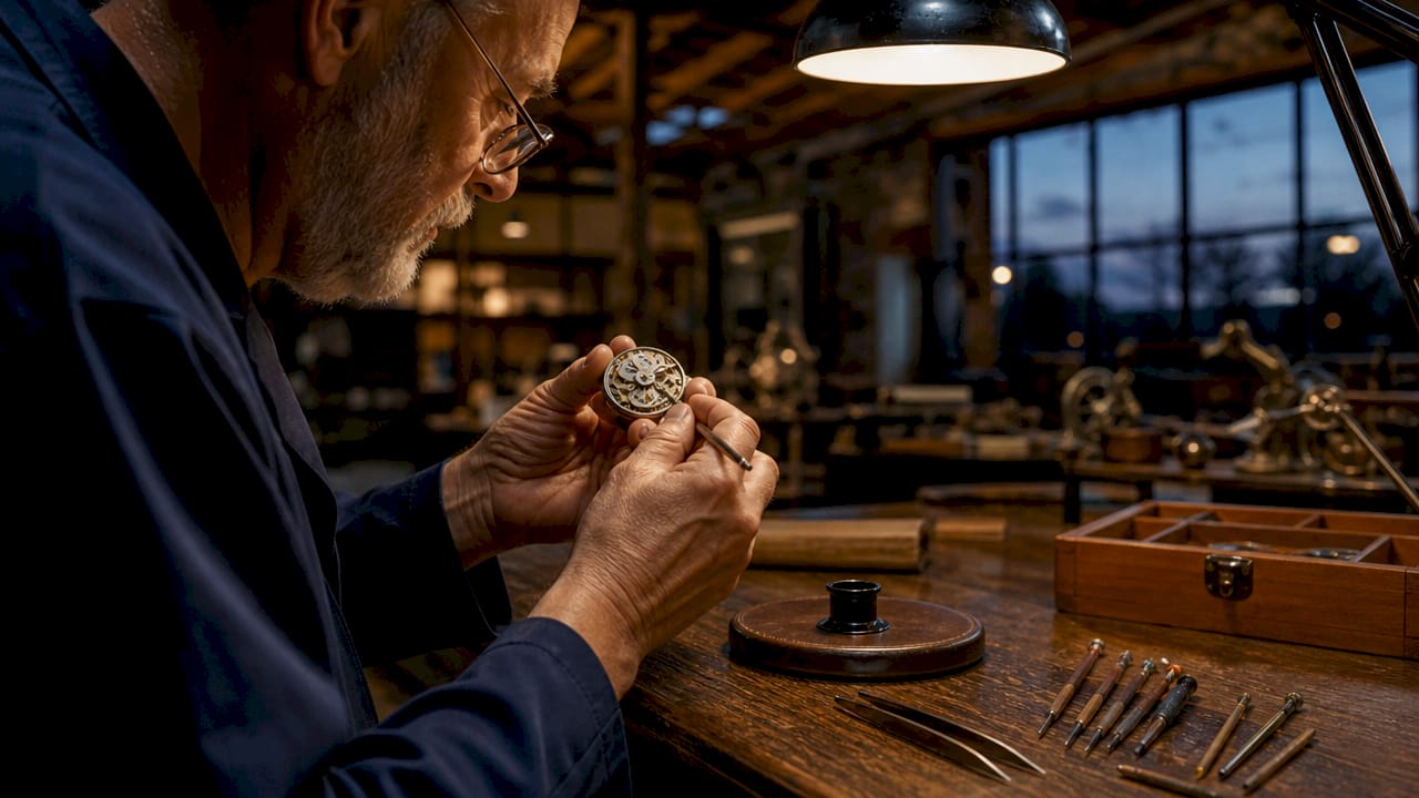 Watchmaker carefully examining watch movement with tools
