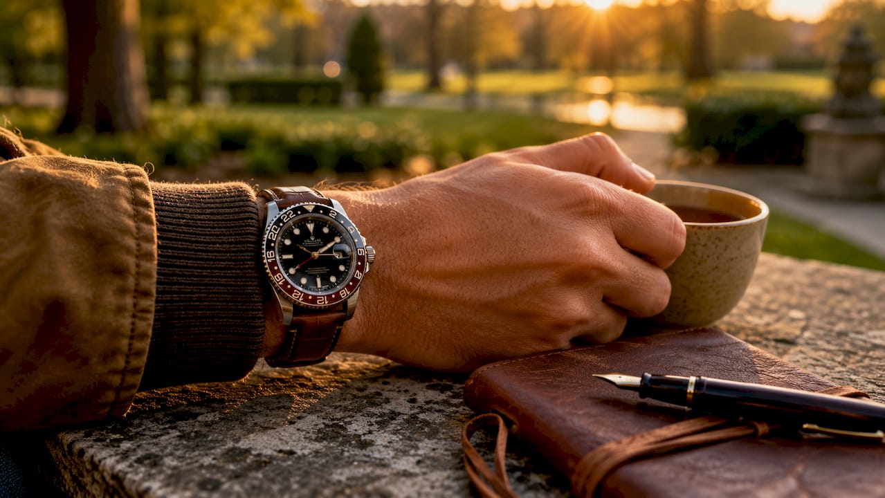 Wrist wearing GMT watch near coffee cup outdoors