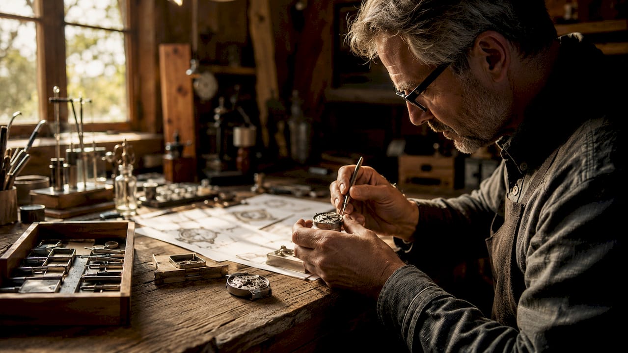 Watchmaker adjusting mechanical GMT watch hand