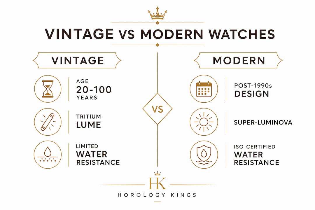 Infographic comparing vintage and modern watch features