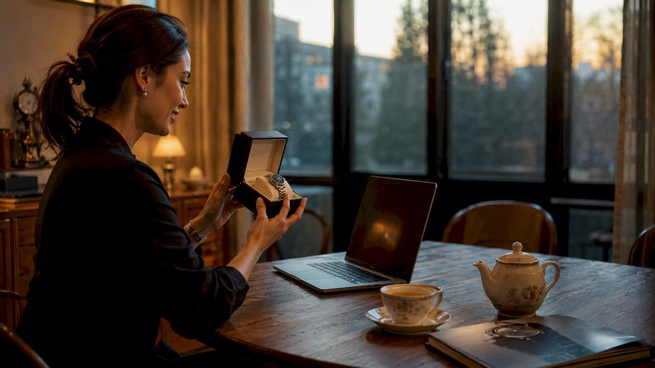 Woman video-calling dealer, holding watch box