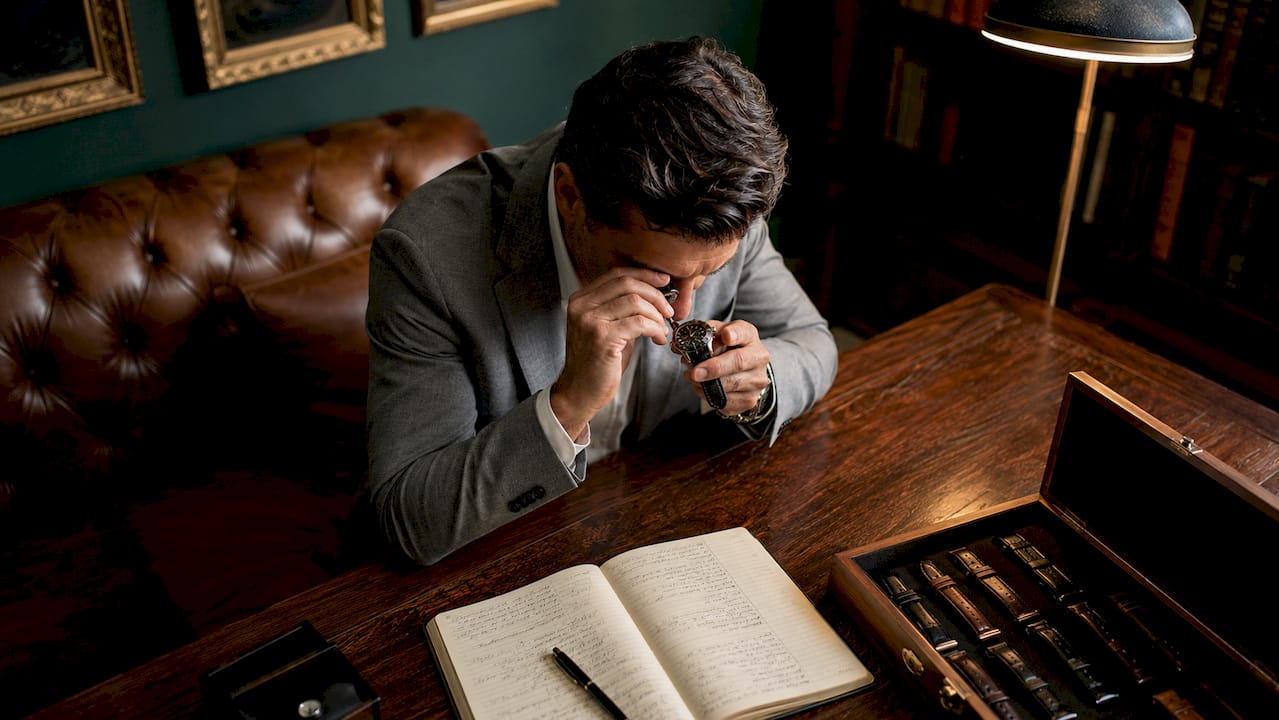 Man inspecting luxury watch with loupe
