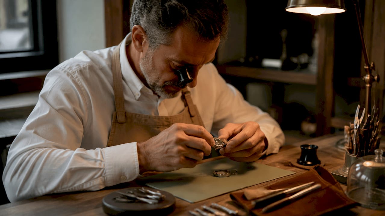 Close-up of hands inspecting luxury watch case