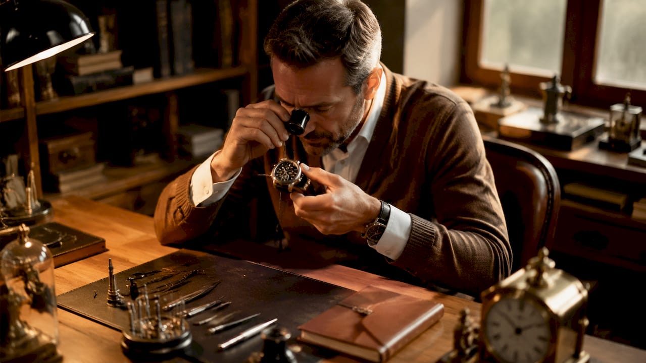 Watch expert examining luxury watch closely