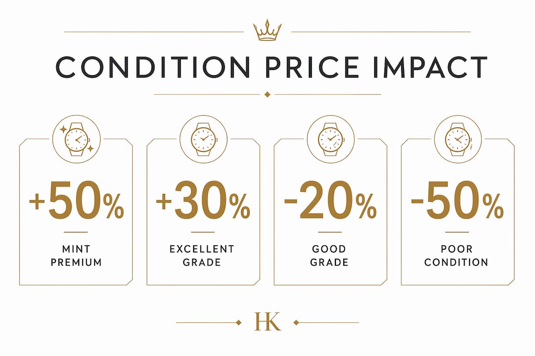 Infographic illustrating luxury watch price adjustments by condition