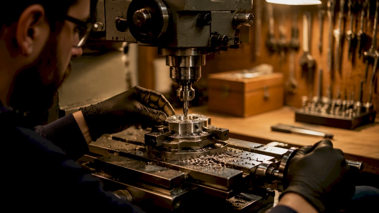 Technician machining steel watch case on CNC machine