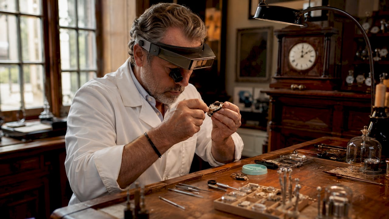 Watchmaker examining steel watch case closely