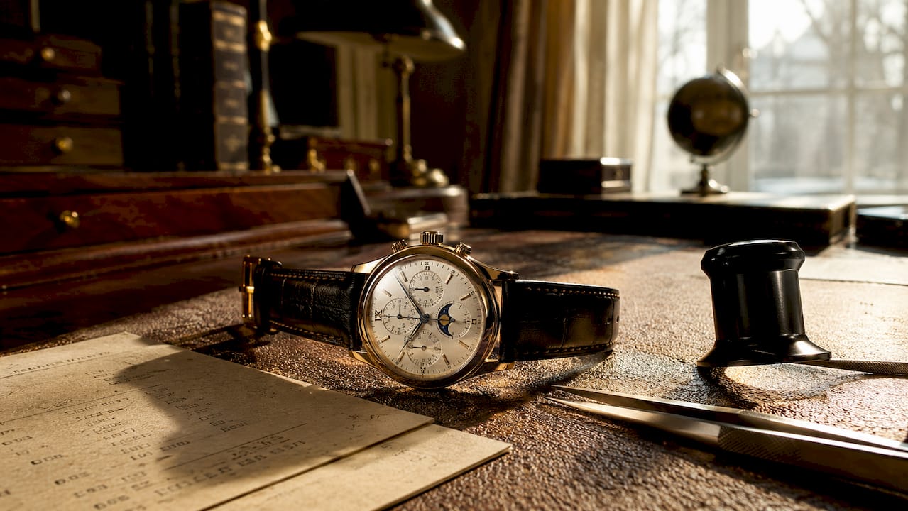 Close-up of vintage Patek Philippe watch on table with tools
