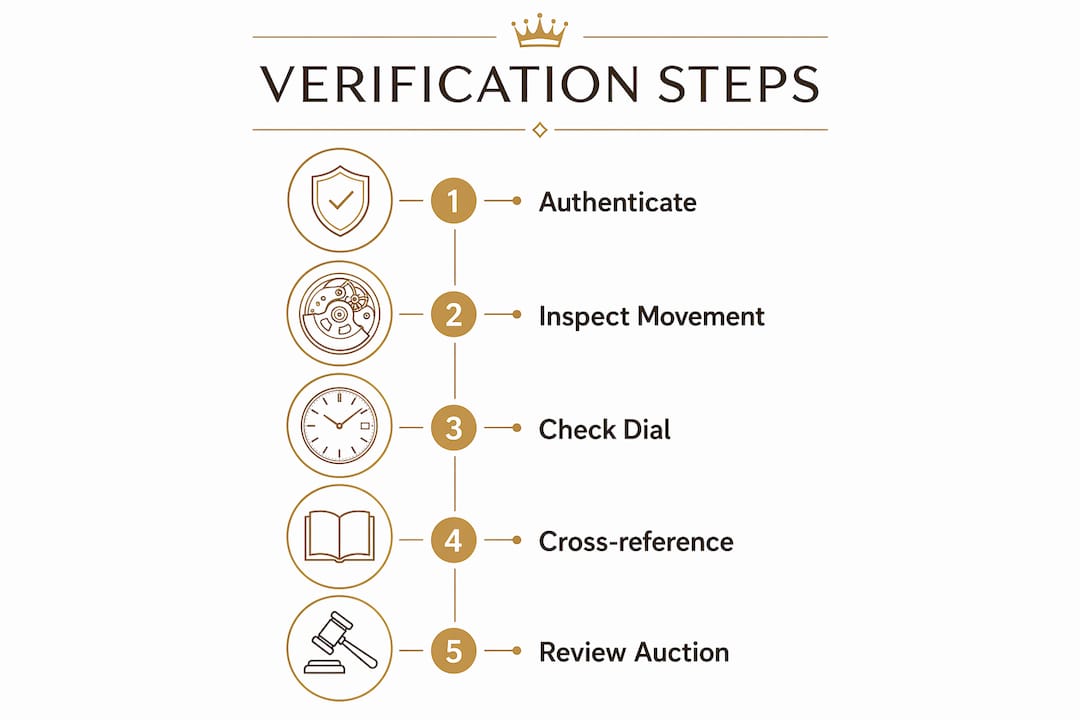 Infographic showing step-by-step verification checkpoints for rare Patek Philippe watches