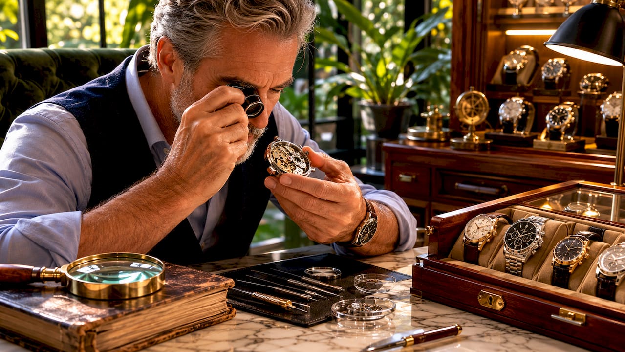 Collector examining Swiss mechanical watch movement