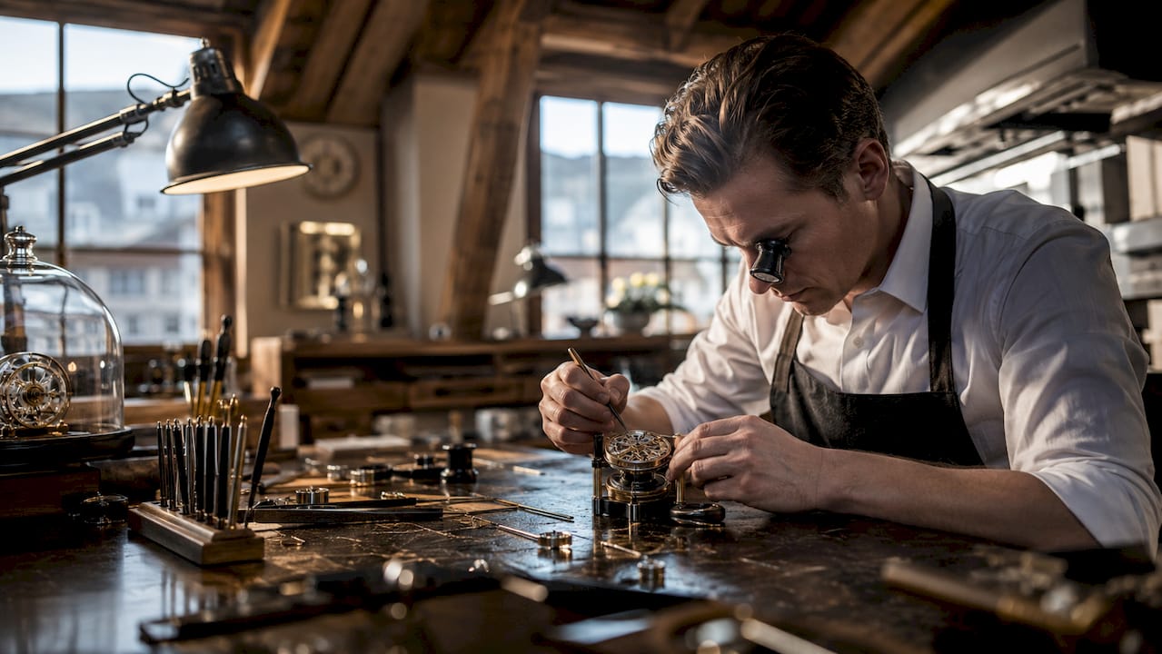 Watchmaker adjusting chronometer movement