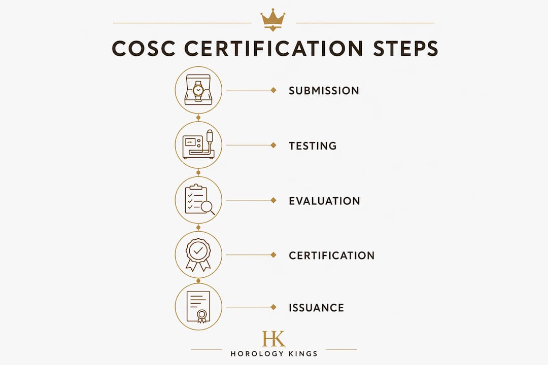 Infographic detailing steps of Swiss chronometry certification process