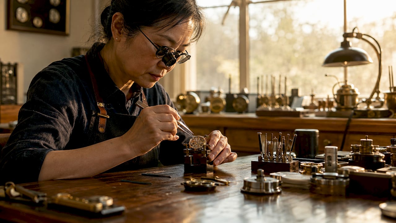 Watchmaker closely examining mechanical watch movement