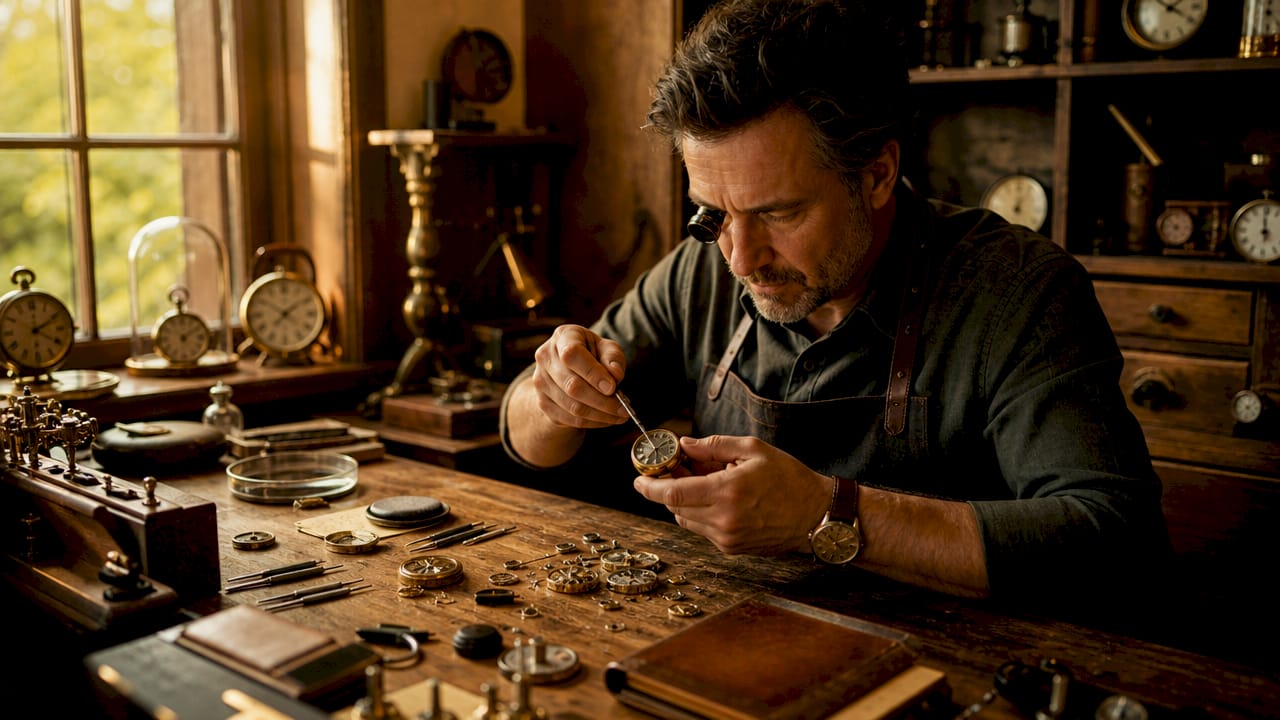 Man hand-winding manual wristwatch in workshop