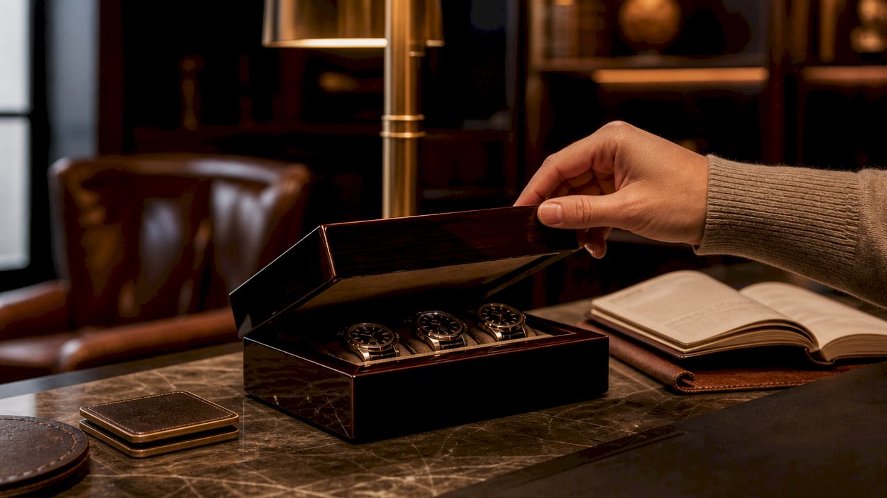 Close-up of luxury watch box and papers details