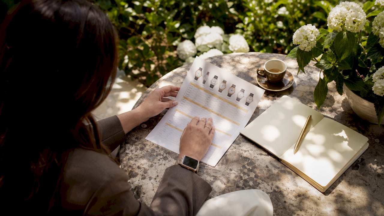 Hands reviewing Patek Philippe valuation list at table