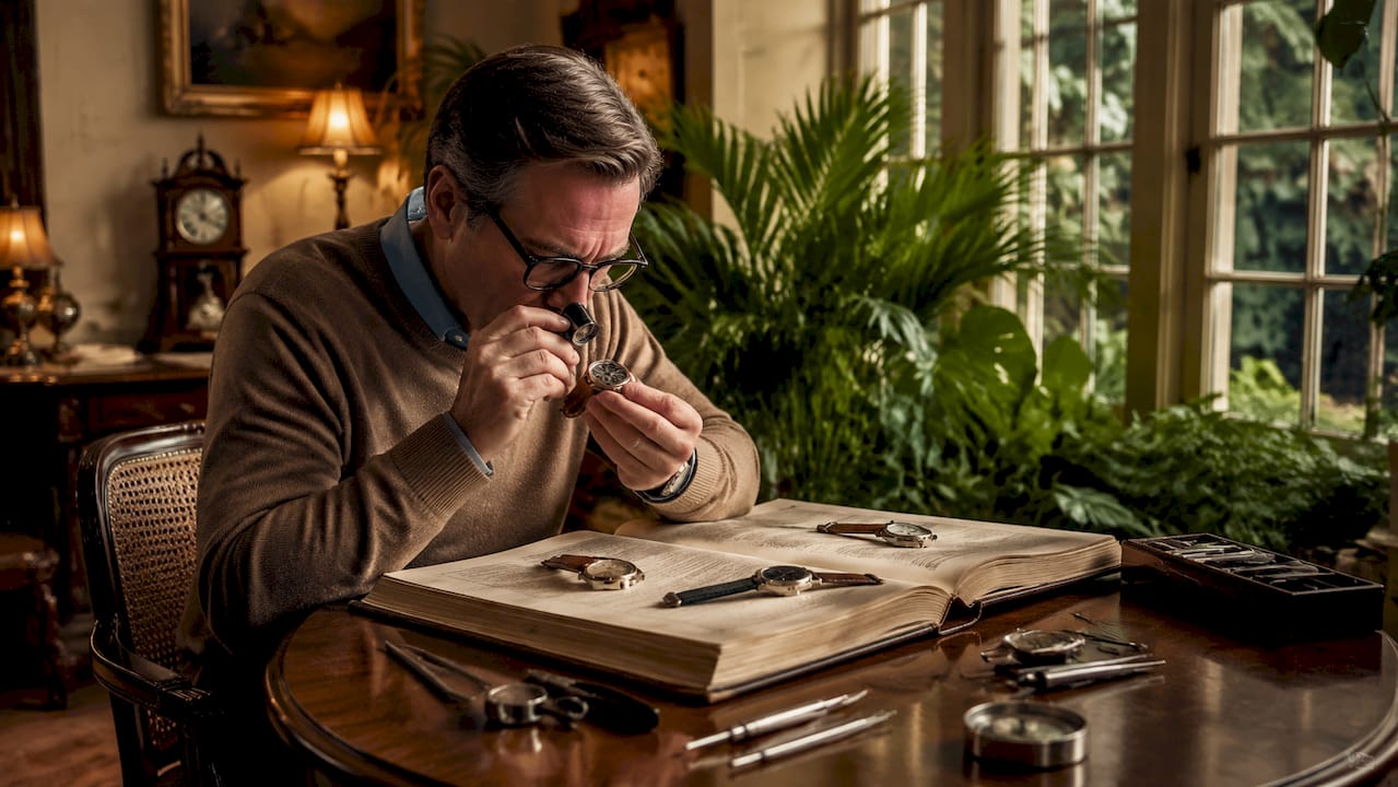 Man examining vintage wristwatches at table