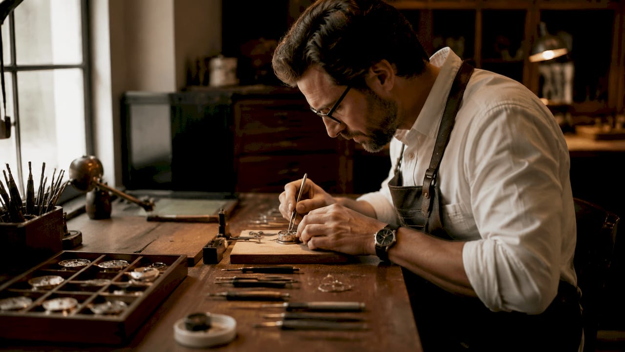 Craftsman assembling early wristwatch movement