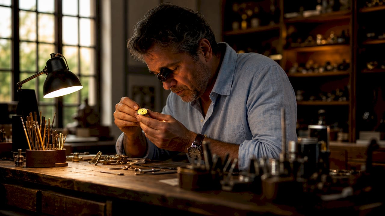 Watchmaker inspecting glowing watch dial