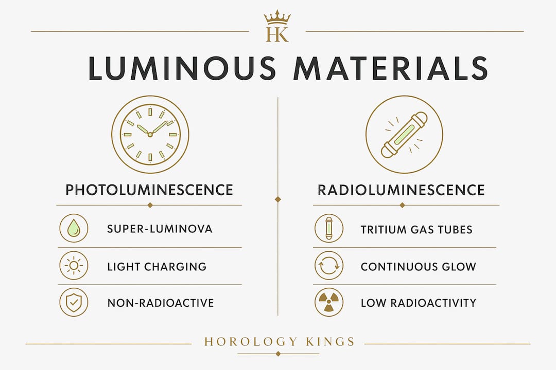 Infographic comparing photoluminescent and radioluminescent materials