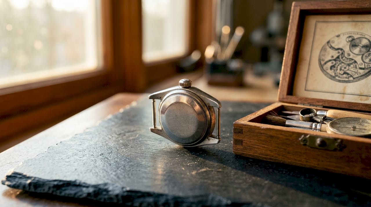 Close-up of Rolex Oyster watch case and design elements