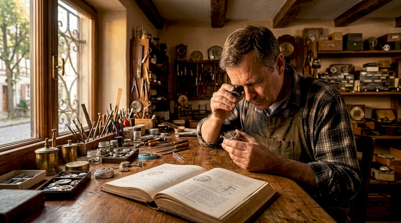 Horologist examining vintage wristwatch movement