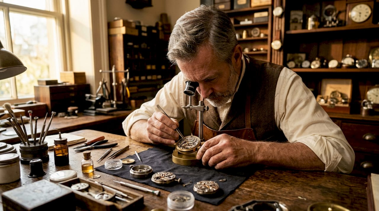 Watchmaker adjusting mechanical chronometer movement