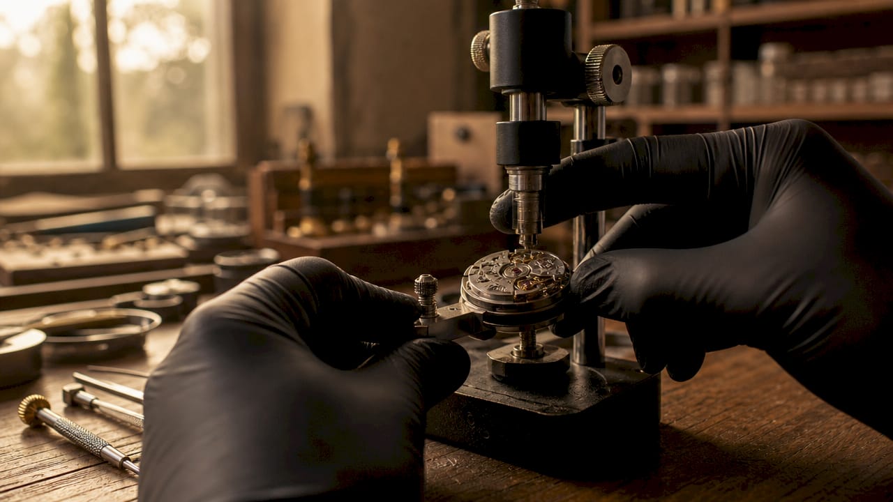 Uncased watch movement on precision testing machine
