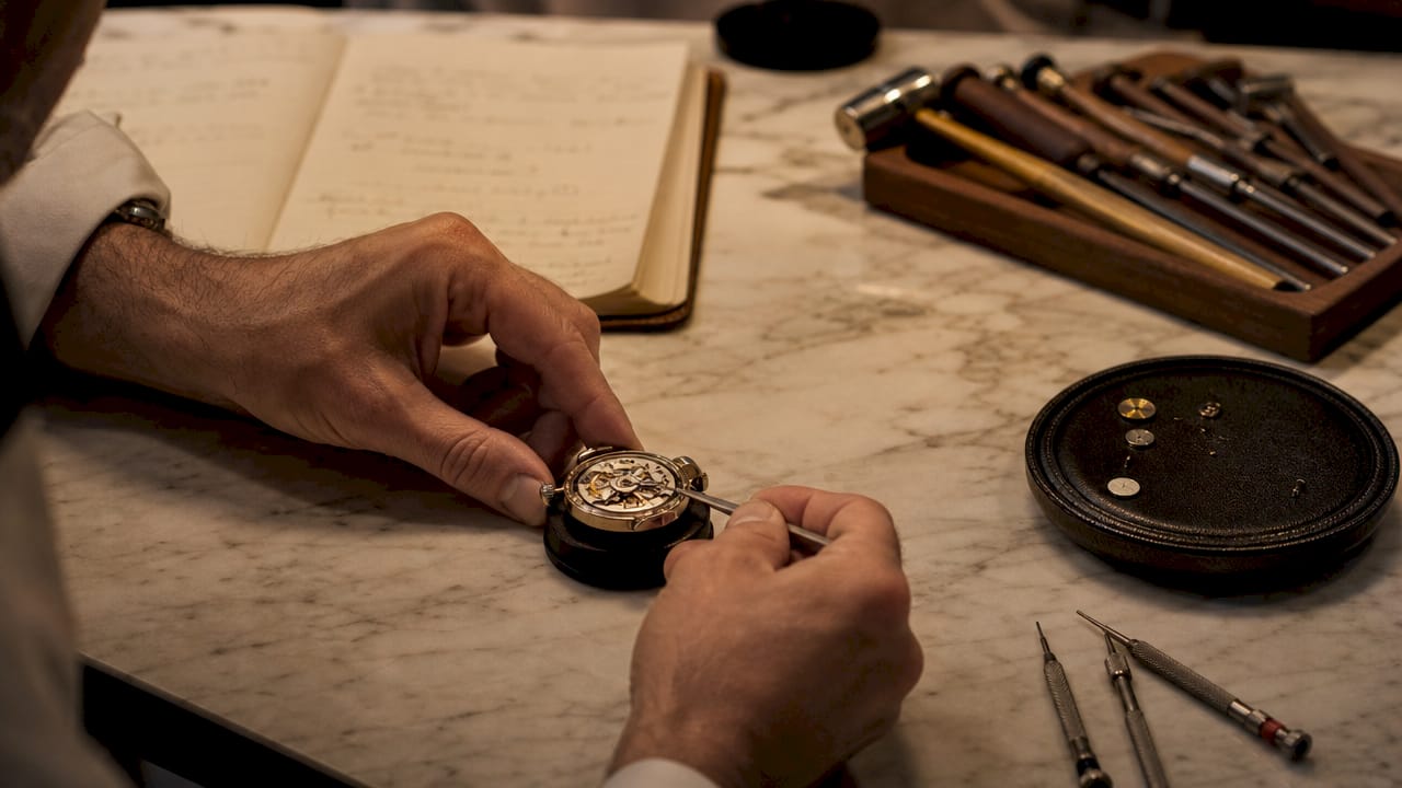 Close-up of hands assembling quartz watch movement