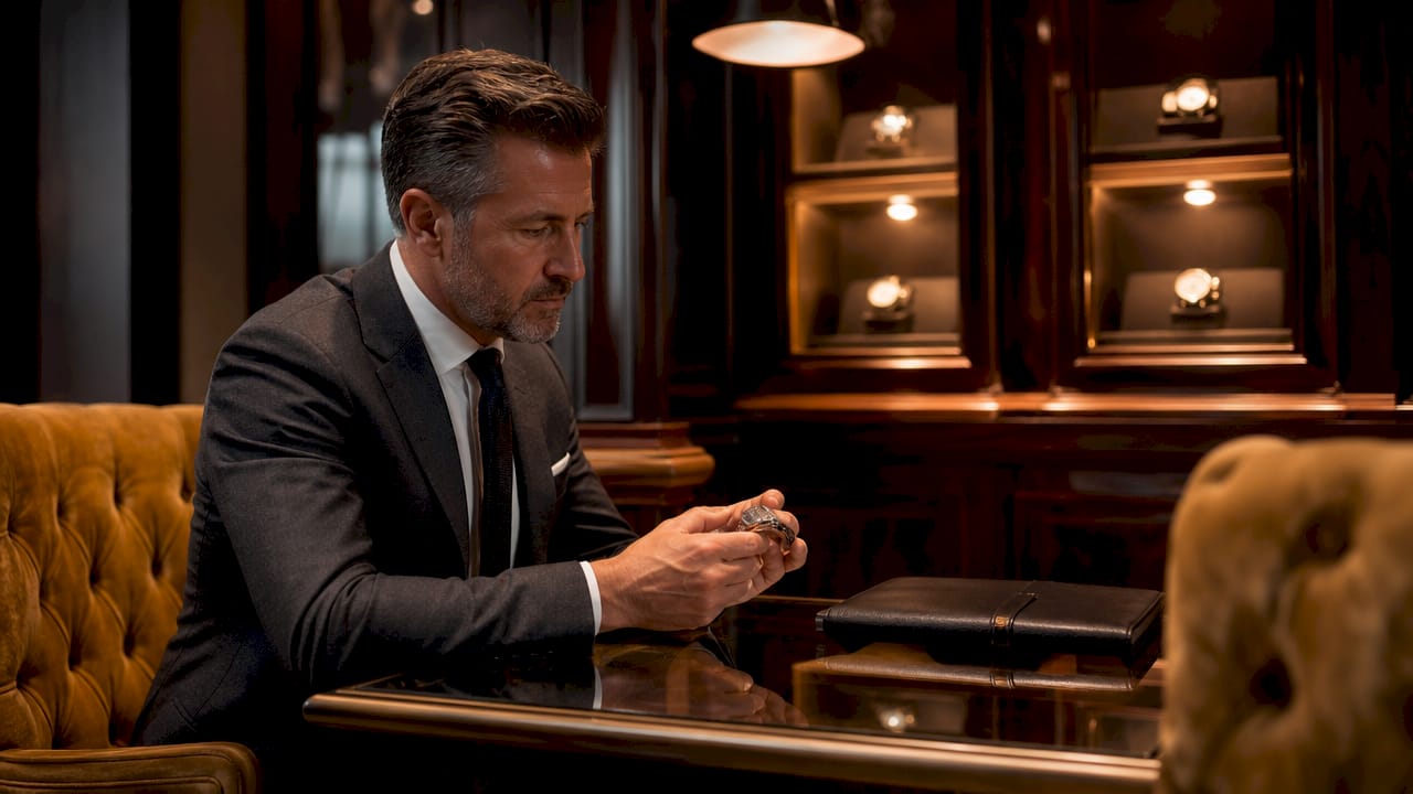 Man examining luxury watch in boutique showroom