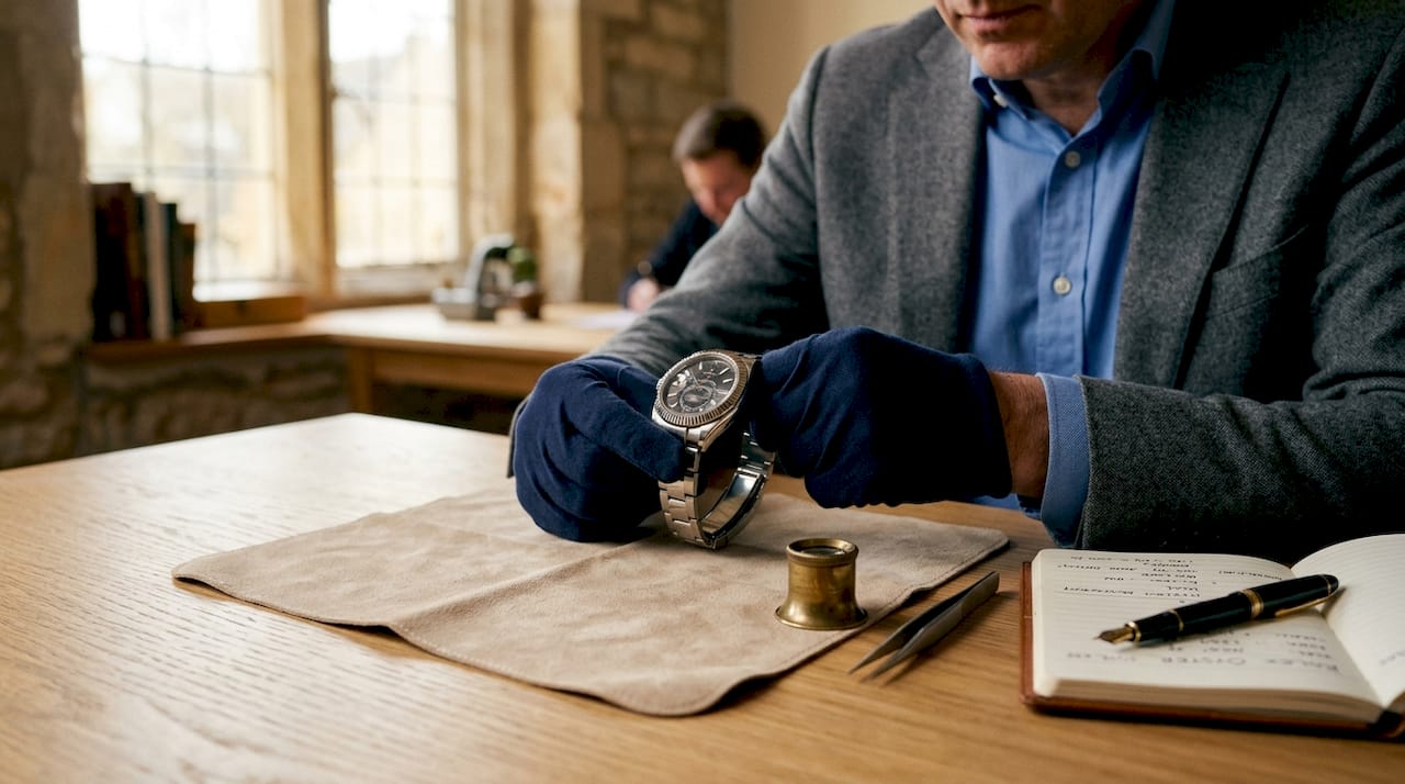 Appraiser hands examining luxury watch close-up