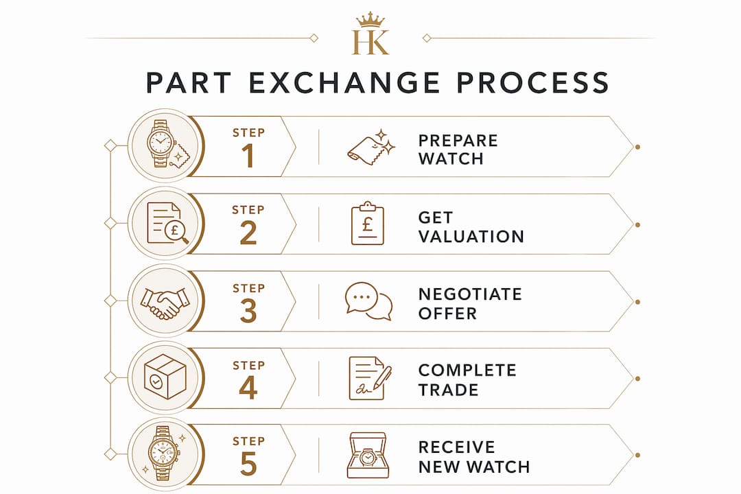 Infographic outlining luxury watch part exchange steps