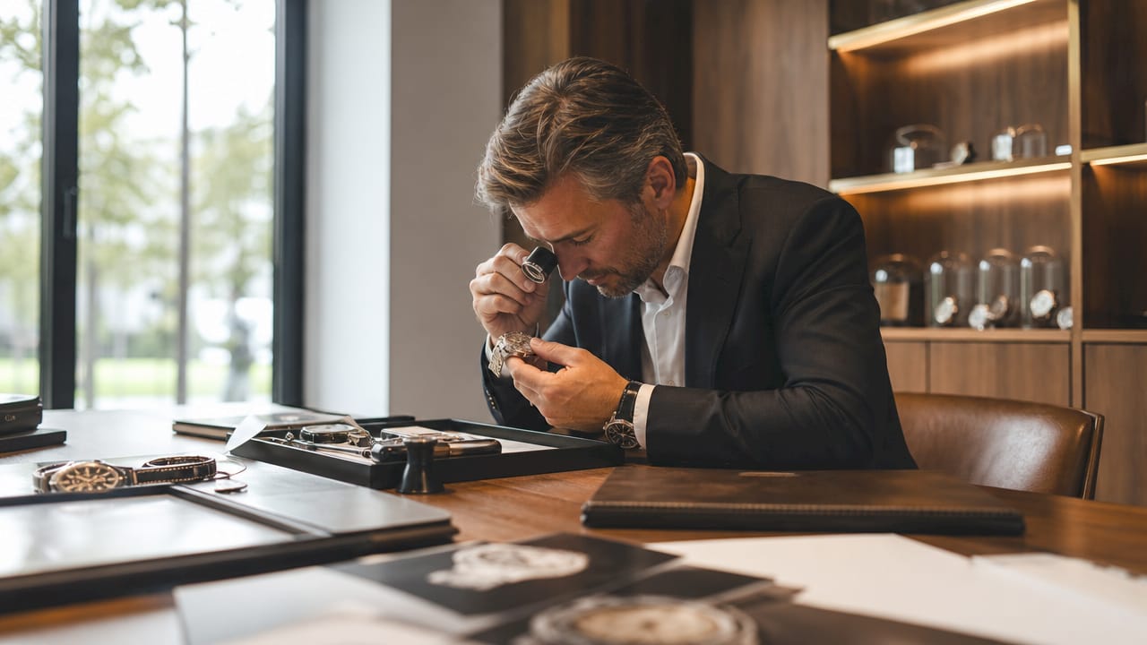 Appraiser examining luxury wristwatch