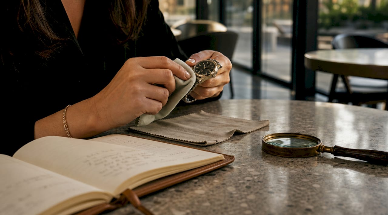 Hands inspecting luxury watch condition