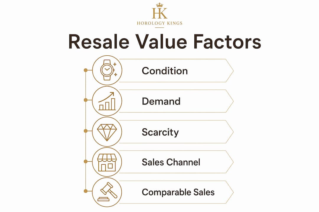 Infographic illustrating factors affecting luxury watch resale value