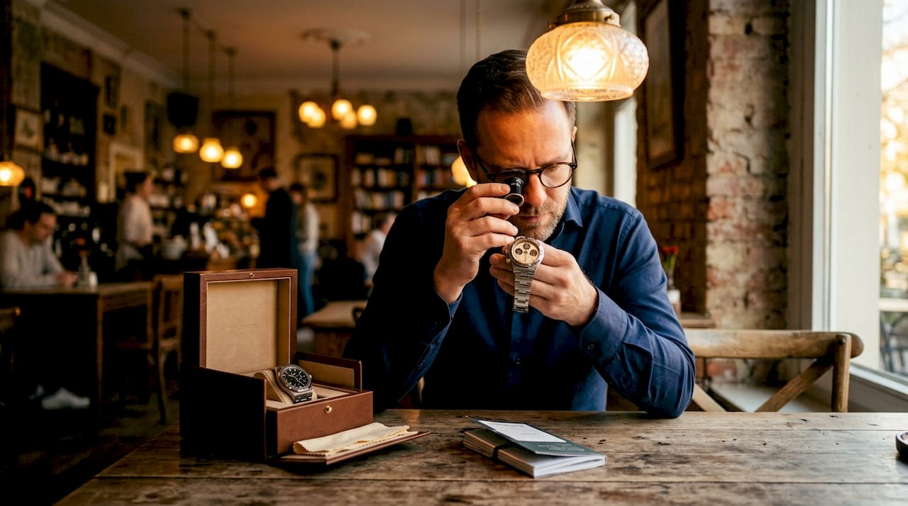Man inspecting luxury watch at home table