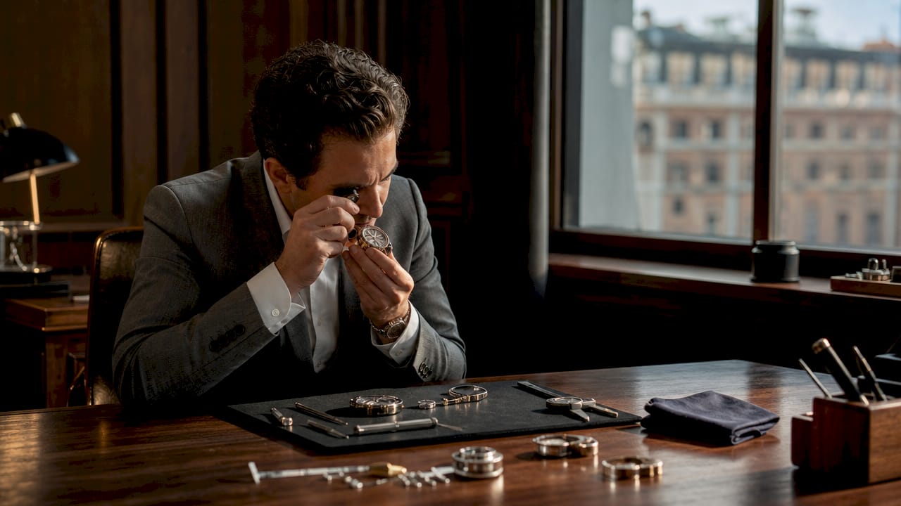 Hands inspecting luxury watch with loupe