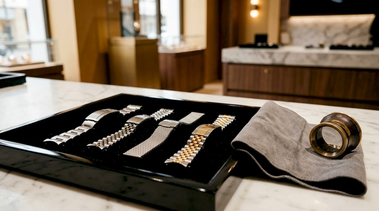 Close-up of luxury watch bracelets on wooden tray