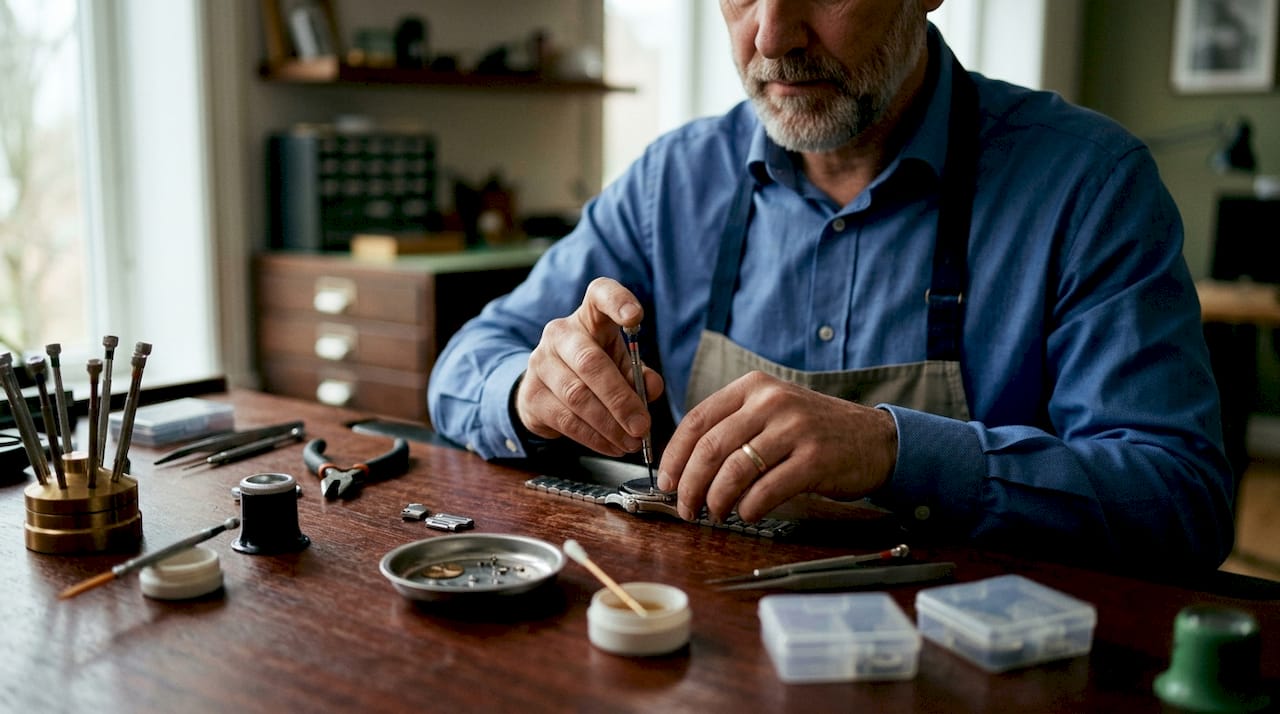 Watchmaker assembling metal watch bracelet