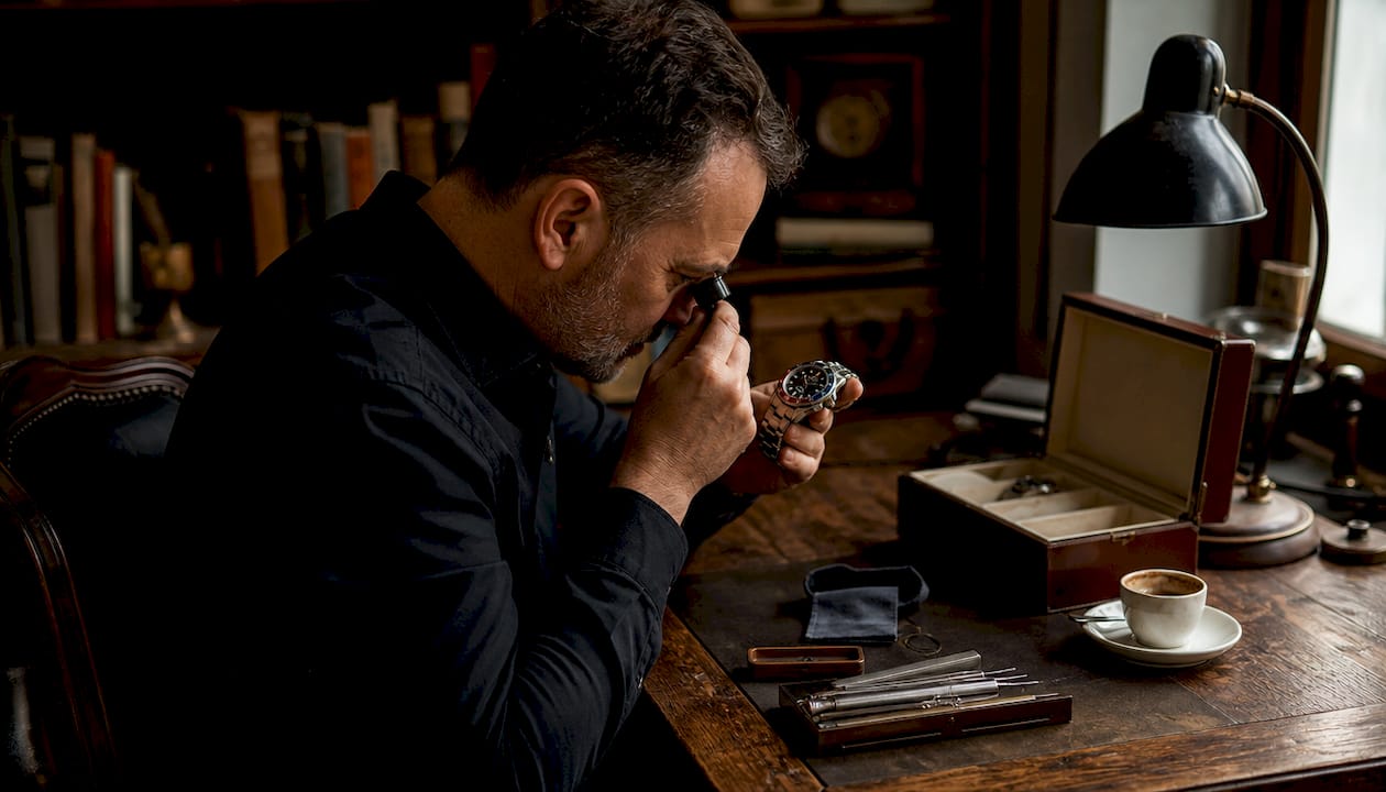 Collector examining discontinued Rolex watch at desk