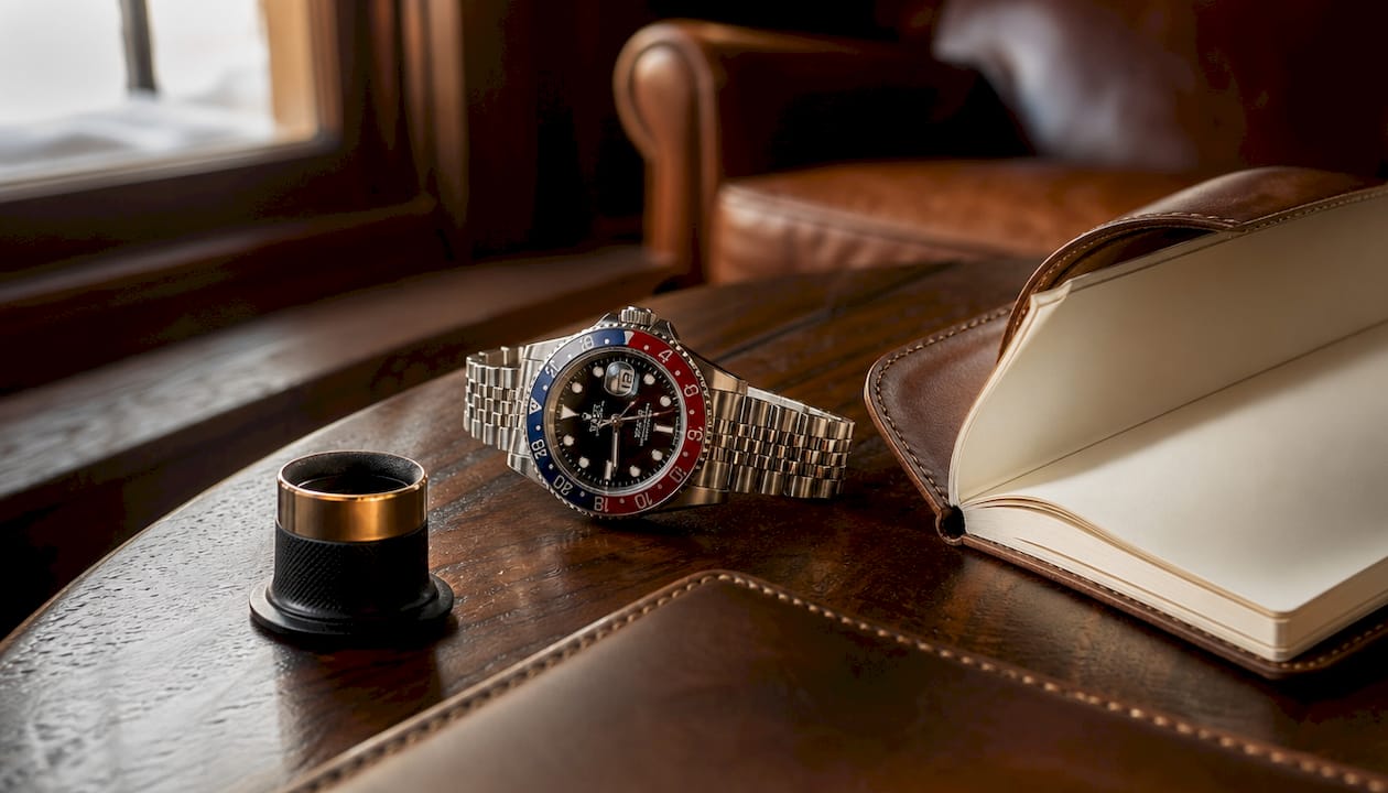 Close-up of Rolex Pepsi GMT-Master II watch and tools