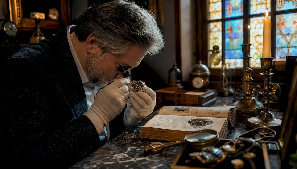 Expert inspecting a rare vintage wristwatch