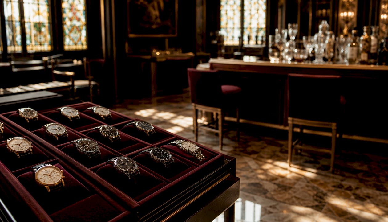 Close-up of rare luxury watches in display case