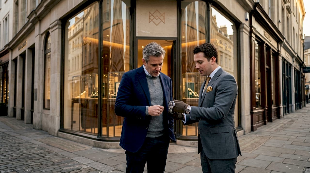Buyer inspecting luxury watch in boutique