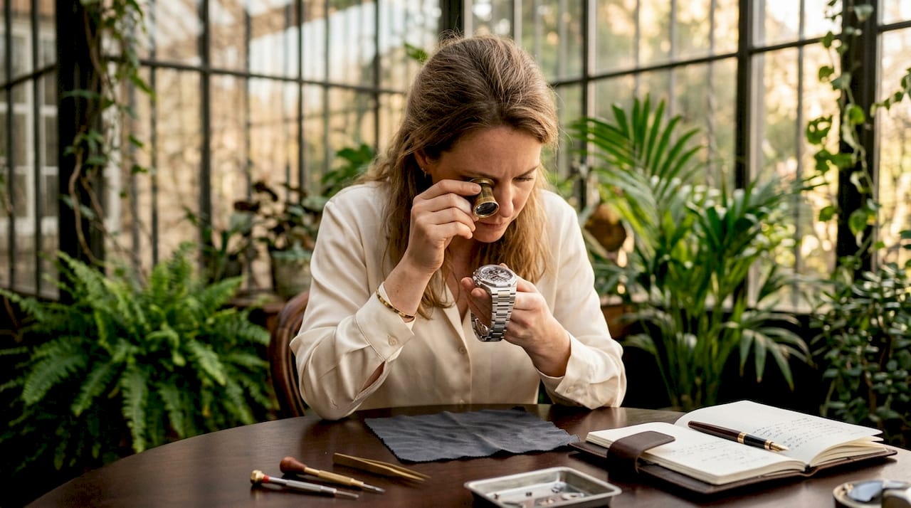 Expert verifying watch authenticity with loupe