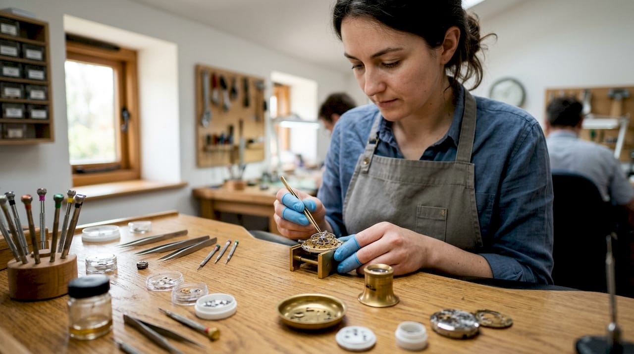 Watchmaker assembling tourbillon parts at workbench