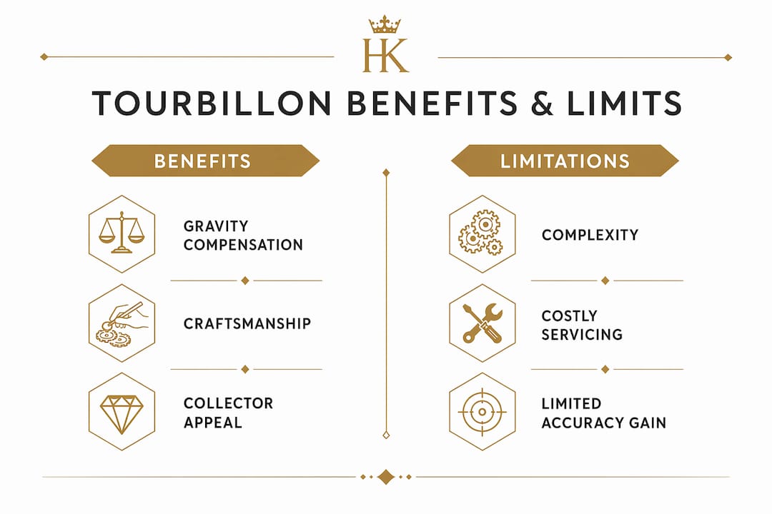 Infographic comparing tourbillon benefits and limitations